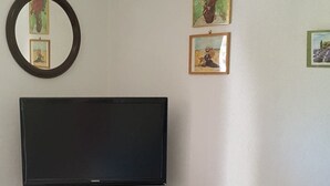 Une chambre à coucher avec un téléviseur posé sur un meuble, un lit recouvert d’une courtepointe à motifs floraux bleus, et plusieurs tableaux encadrés accrochés au mur.