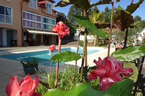 A pool area with a building in the background, surrounded by tropical plants. - Between sea and mountain, near the beach and the volcano, (LE TAMPON)
