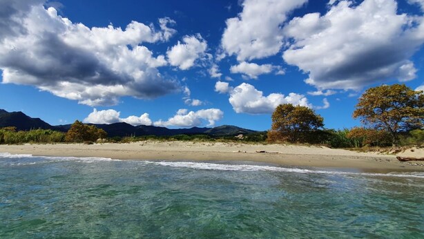 Une plage à l’eau claire, avec un rivage sablonneux et des montagnes en arrière-plan.