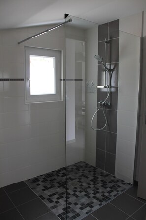 Douche, sèche-cheveux, serviettes fournies, savon
