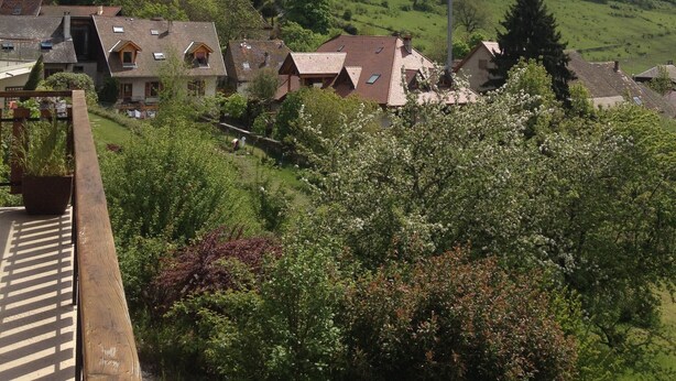 Un paisaje montañoso con un edificio parecido a un castillo y varias casas con tejados inclinados.