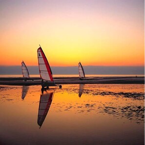 A sunset view with three sailboats on calm water. - Crucano palm groves, the house itself has a heated swimming pool for 10 people (Plouharnel)