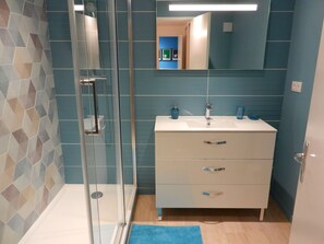 Shower, hair dryer, towels