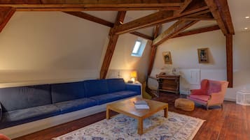 Televisie, een open haard, een dvd-speler en boeken