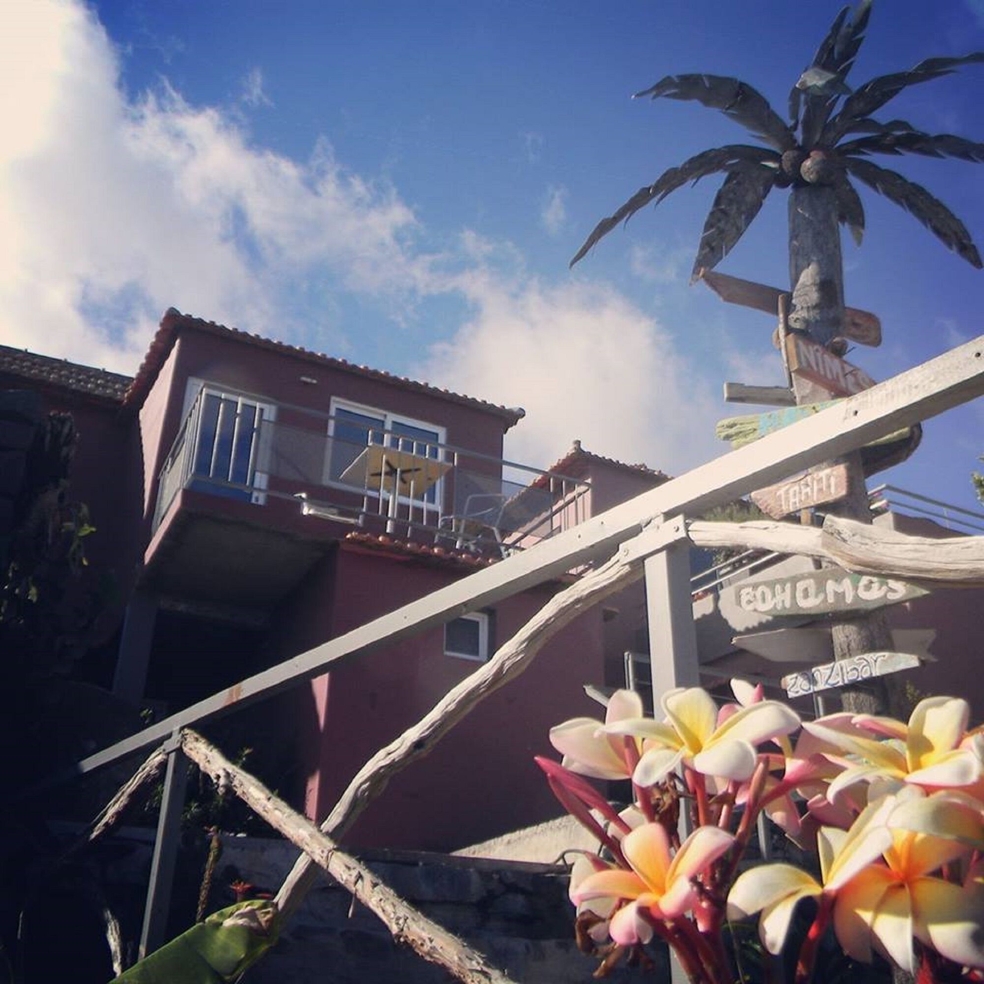 A building with a red facade, a balcony, and a palm tree.