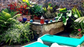 Un jardín en la azotea con sillones de descanso, un muro de piedra y diversas plantas tropicales.