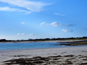 Ein Strand mit blauem Himmel und ruhigem Wasser.