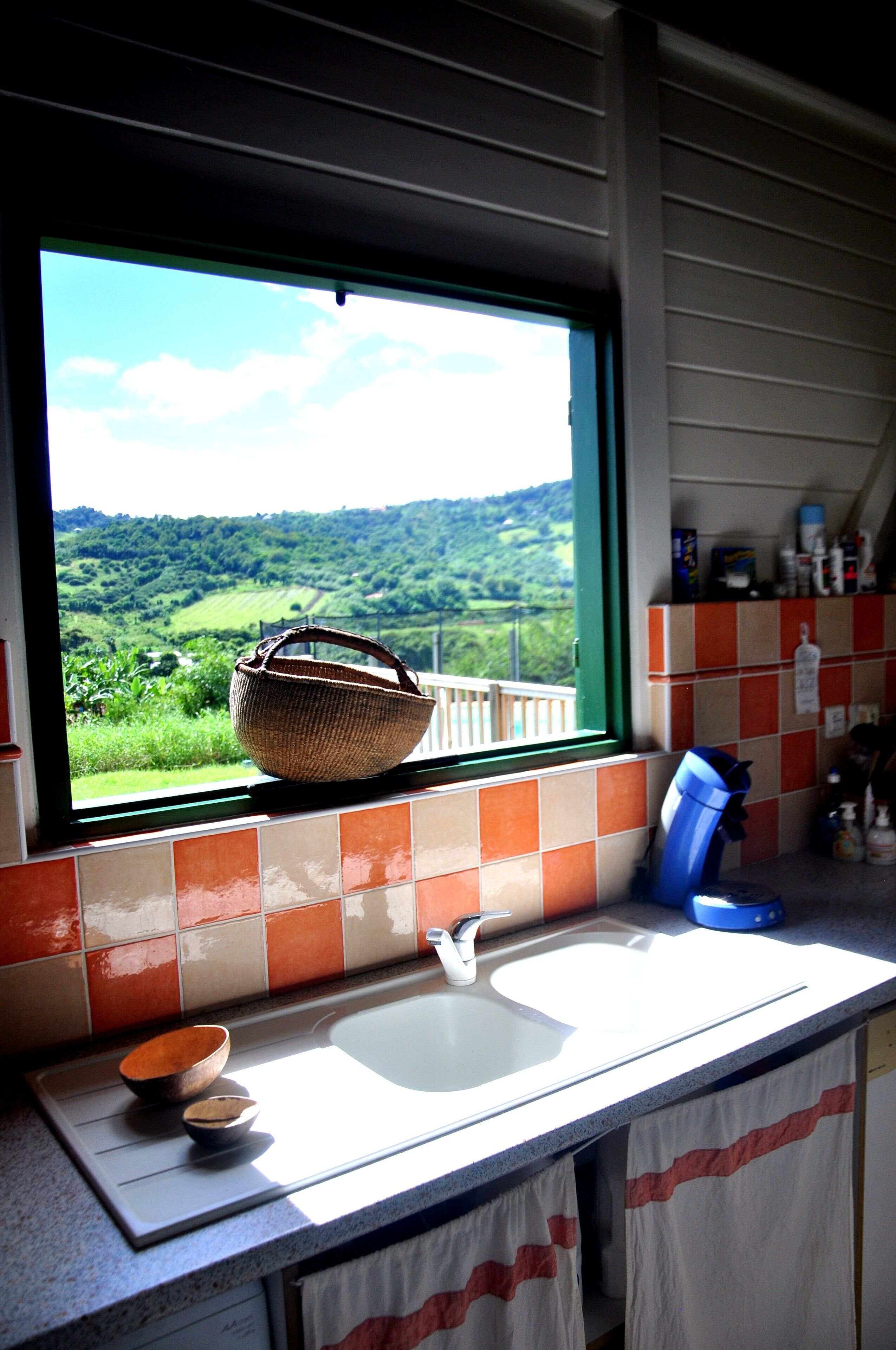 A kitchen with a window view of a green landscape, a sink, and a basket on the window sill.