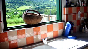 Una cocina con vistas a un paisaje verde a través de una ventana, un lavabo y una cesta en el alféizar.