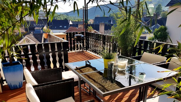 An outdoor patio with a glass table, wicker chairs, and potted plants. - A trip into nature (Bollendorf)