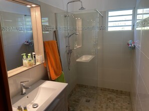 Hair dryer, towels, soap, toilet paper