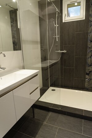 Dusche, Haartrockner, Handtücher, Seife