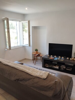 Una sala de estar con un sofá, un televisor sobre un mueble bajo, una mesita con una planta y una ventana con puerta abierta.