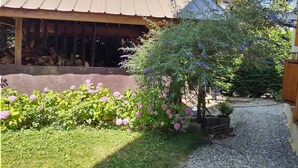 Un jardin avec un chemin de gravier, une clôture en bois et une structure de toit en métal.