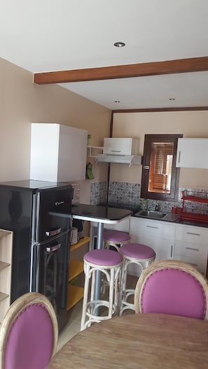 Fridge, microwave, coffee/tea maker, cookware/dishes/utensils