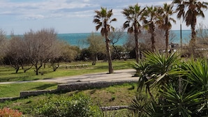 A park with palm trees, a pathway, and a view of the sea. - SETE, listed villa 240 m2, 50 meters from the beach, 1st sea line, swimming pool (Sète)