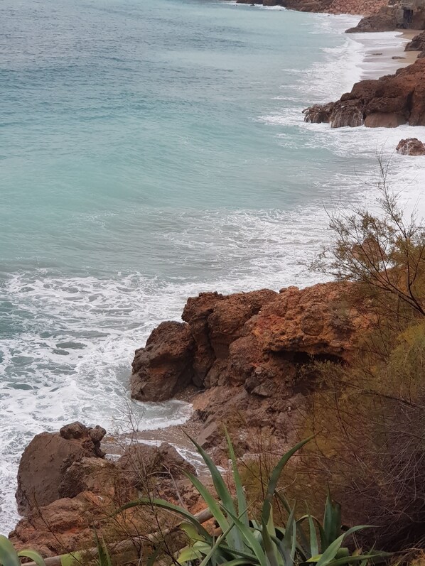 A coastal landscape with rocky terrain and vegetation.