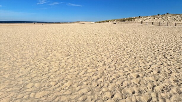 A wide sandy beach with a clear blue sky.