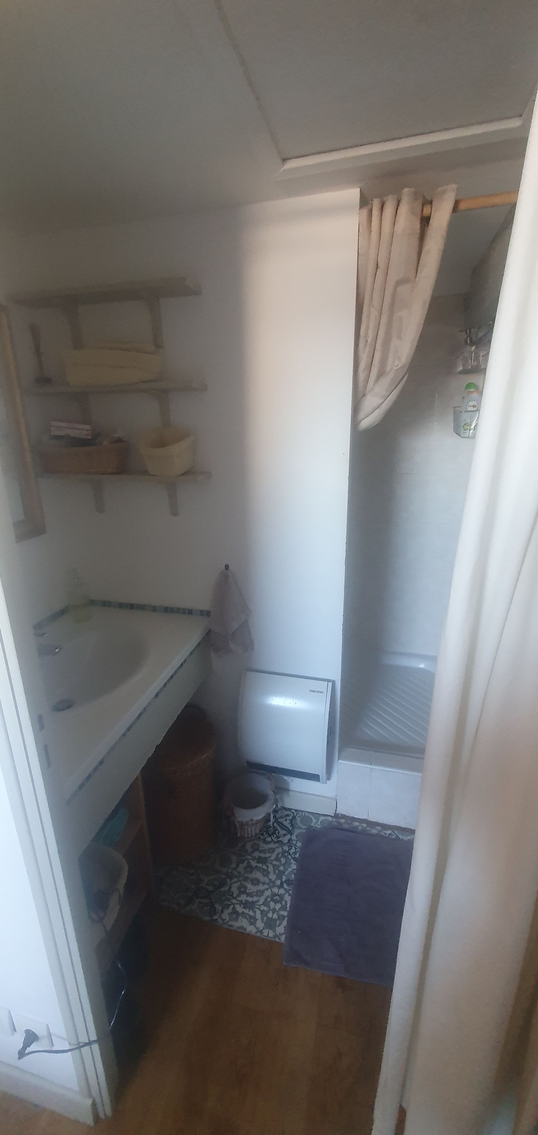 A small, compact bathroom with a white sink, a toilet, and a shower area.