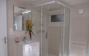 Regadera, secadora de cabello, papel de baño 