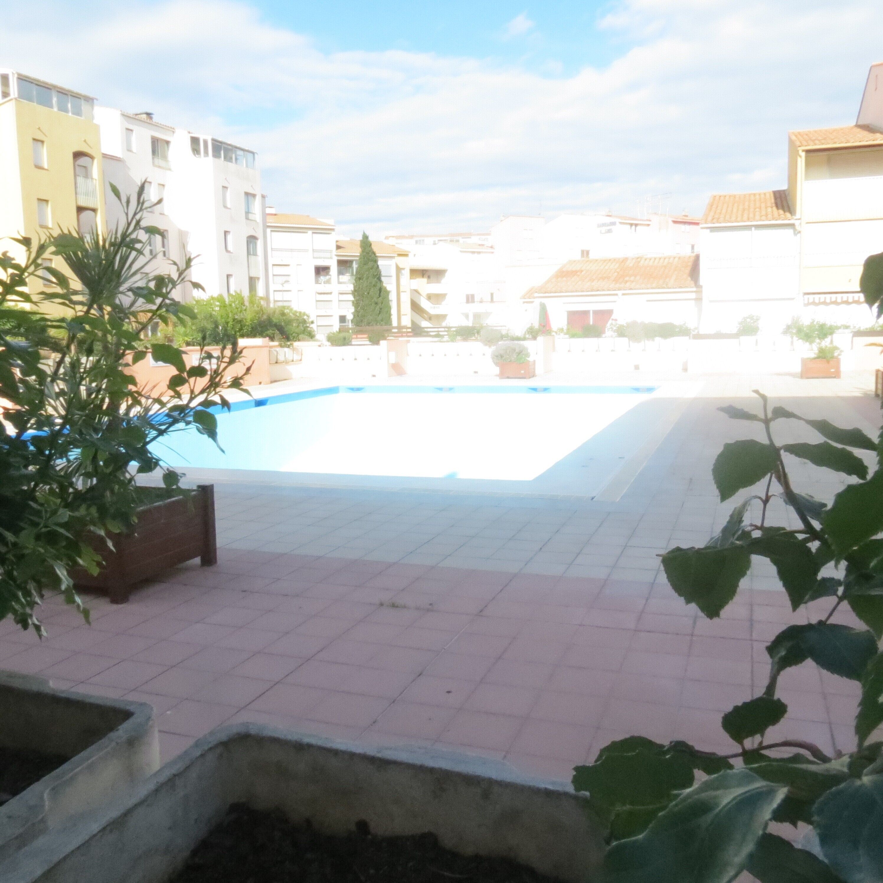 A rooftop pool area with tiled flooring, surrounded by potted plants and buildings in the background.