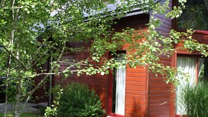 Une cabane en bois à l’extérieur rouge, avec un petit porche et une fenêtre ornée de rideaux.