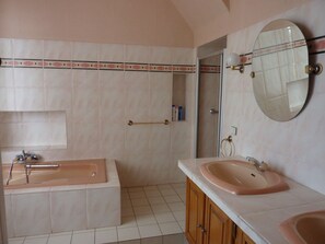 Combined shower/tub, hair dryer, bidet, towels