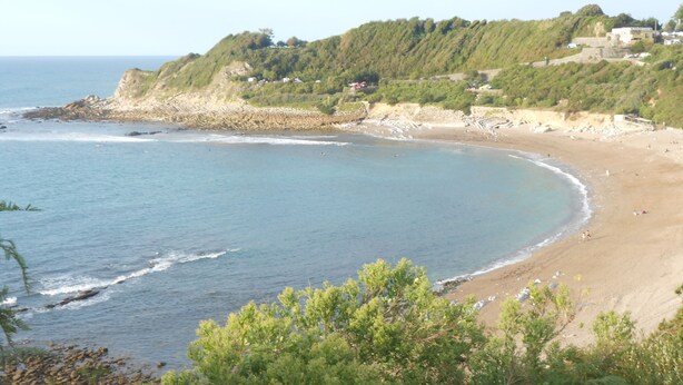 Ein Küstenstrand mit gewundener Uferlinie, Felsklippen und spärlicher Vegetation.