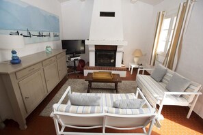 TV, fireplace, DVD player, books