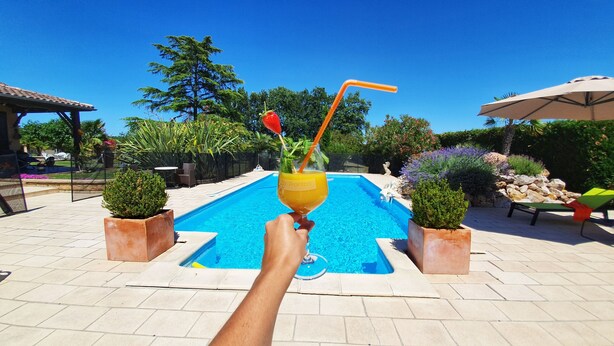 A swimming pool with a clear blue water, surrounded by potted plants and a lounge chair. - Small country house in the heart of the vineyards DU (Fronton)