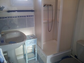 Combined shower/bathtub, hair dryer, towels, toilet paper