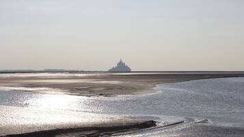Une plage avec une île visible au loin.