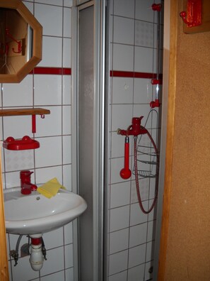 Een badkamer met een wastafel, spiegel en douche.