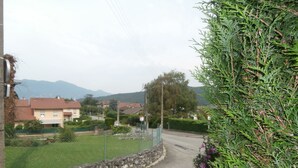 Un camino estrecho bordeado por un muro de piedra y una valla verde, que conduce a una zona residencial con casas y una montaña al fondo.