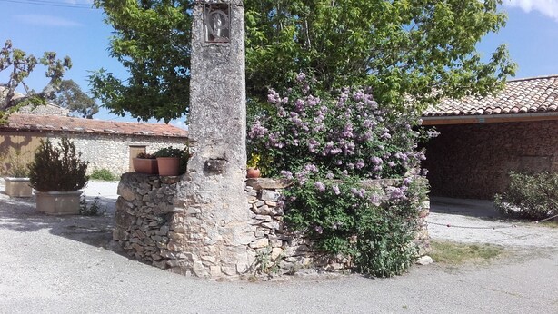 Estructura de piedra con un campanario, rodeada de arbustos florecientes y plantas en macetas.