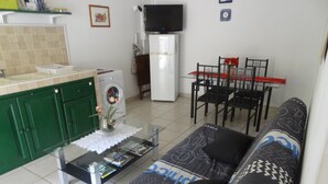 Un salon comprenant un canapé, une table basse, une table à manger avec des chaises, un lave-linge et un téléviseur.