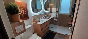 Combined shower/bathtub, hair dryer, towels, soap
