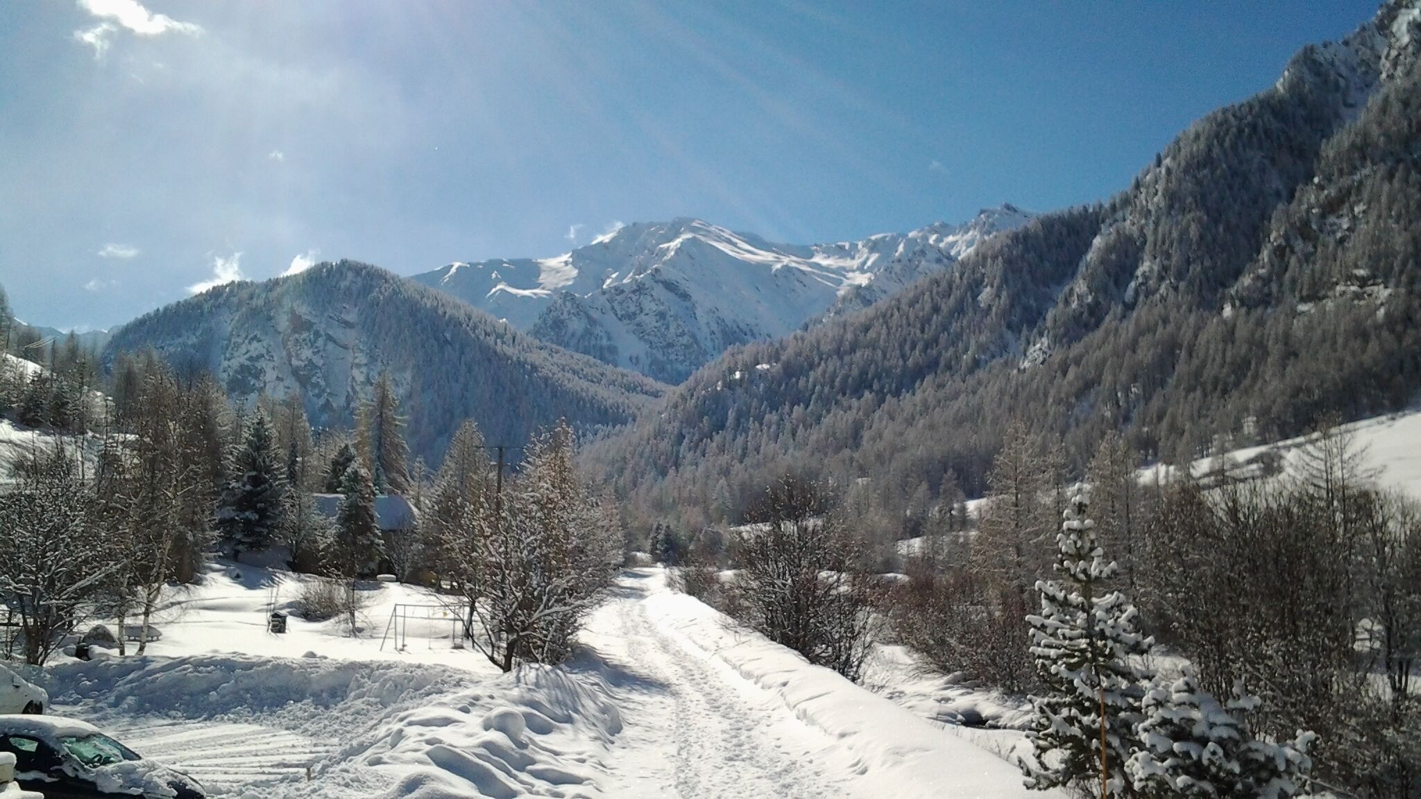A snow-covered mountain road with a clear sky, surrounded by forested areas and snow-covered trees.