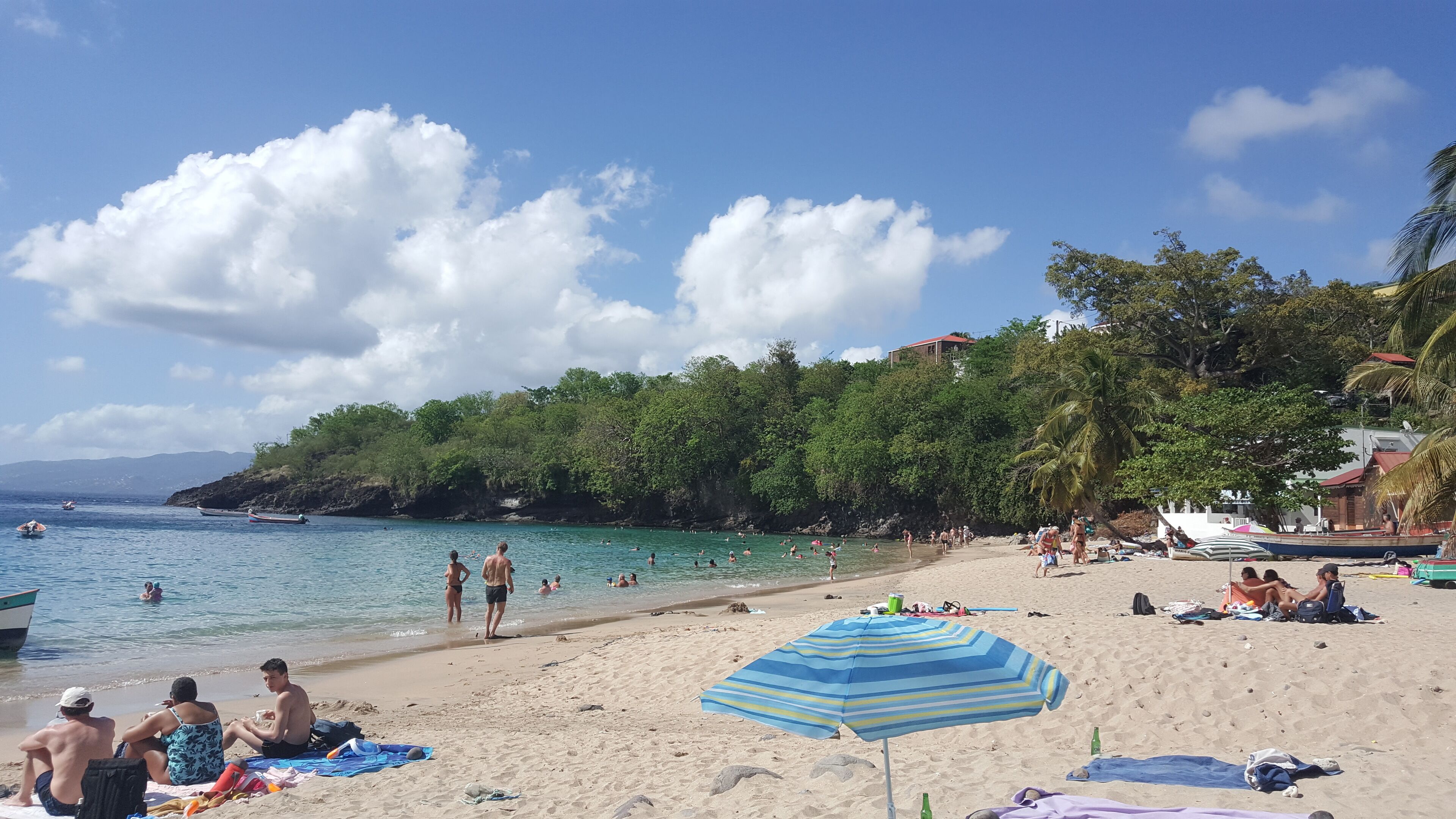 A beach with people sunbathing and swimming, a sandy shore, and a backdrop of trees and hills.