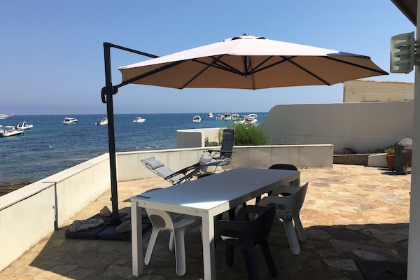 La terrasse en été.  beaucoup de place, des transats pour tout le monde!