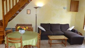 Télévision, cheminée, lecteur de DVD, baby-foot