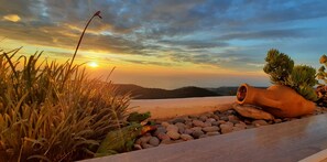 A terracotta pot with a plant on a wooden ledge, surrounded by pebbles and grass. - Beautiful apartment with panoramic view in a high-class residence! (Peniscola)
