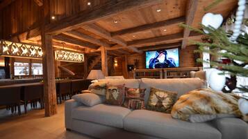 TV connectée, cheminée, livres, chaîne hi-fi