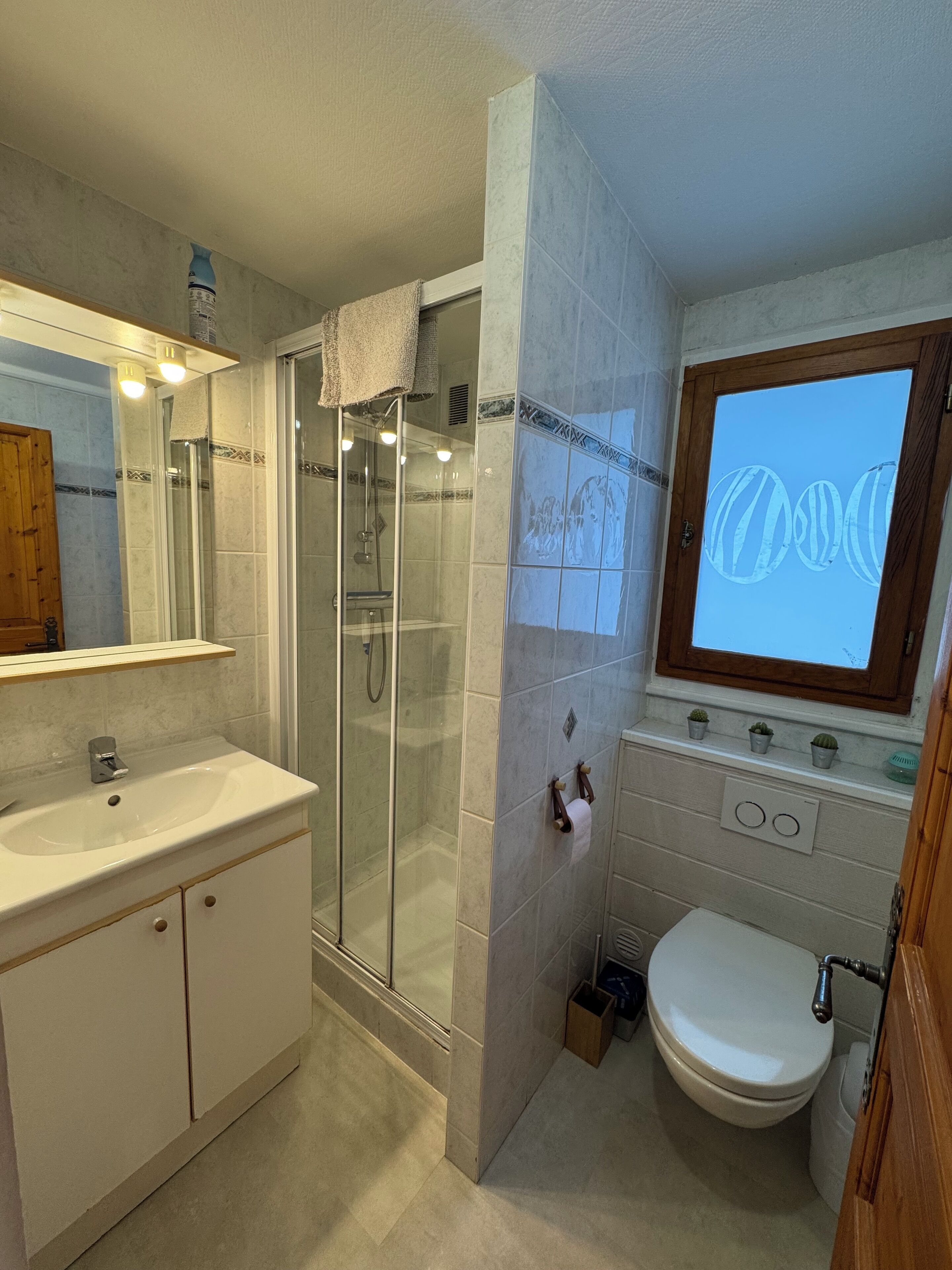 A bathroom with a glass-enclosed shower, a sink, a toilet, and a mirror with a wooden frame.