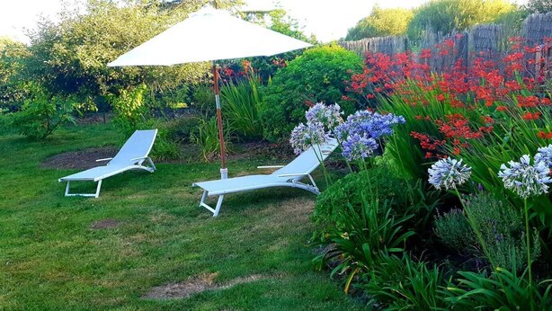 A garden with two white lounge chairs under a white umbrella, surrounded by various flowering plants. - House near paths and the Ria d'Etel 6 PERS. (Plouhinec)