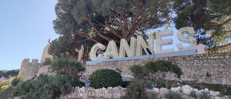 Un mur de pierres sur lequel est inscrit le mot « CANNES » en grandes lettres, le tout entouré de verdure et d’un drapeau.