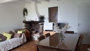 A living room with a sofa, a glass-top table, wicker chairs, a fireplace, and a television.