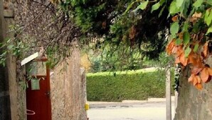 Un camino al aire libre que lleva a un edificio con una puerta roja, rodeado de follaje y muros de piedra.
