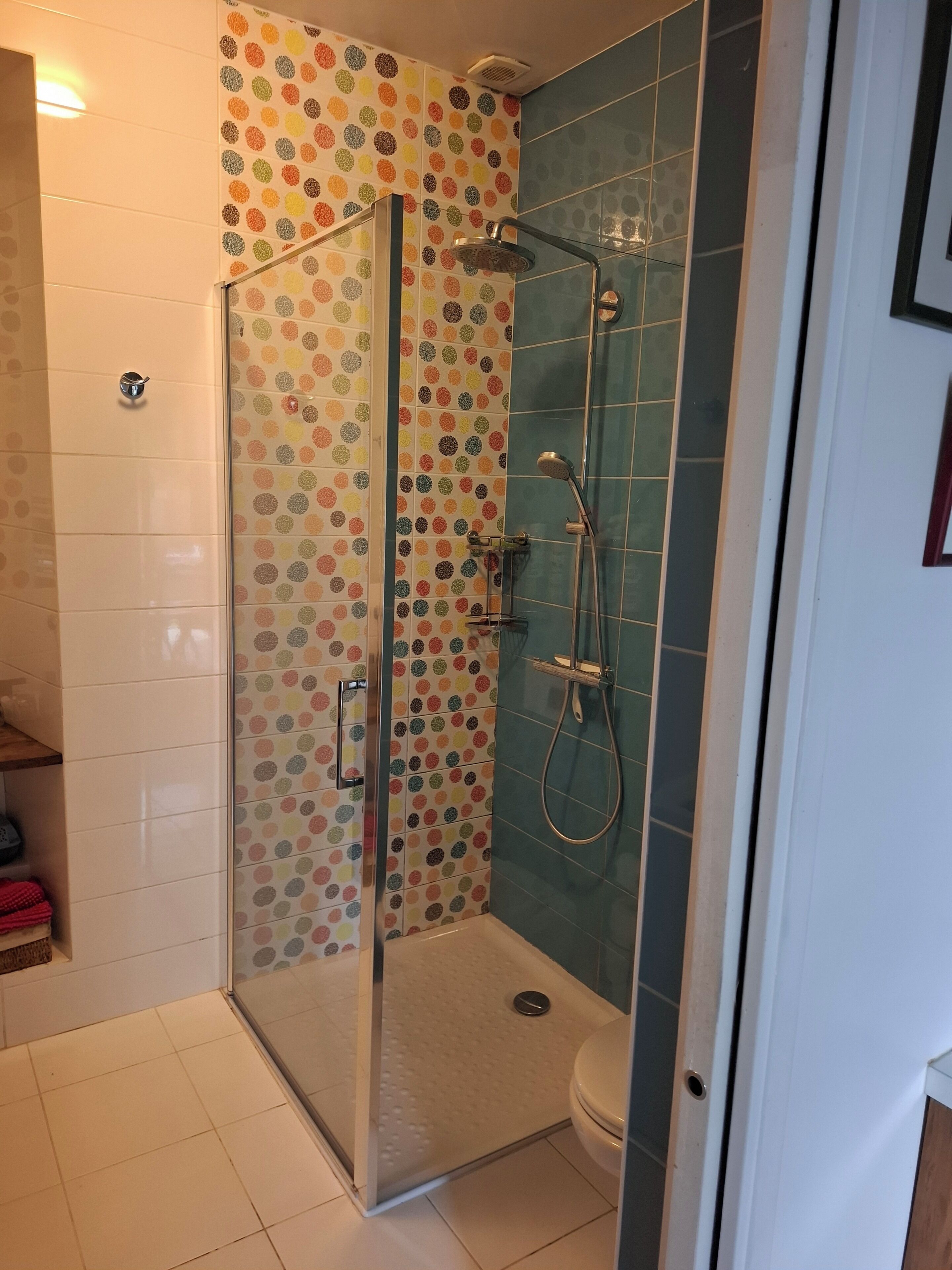 Une douche avec une porte en verre, des toilettes et un mur carrelé orné d’un motif à pois.