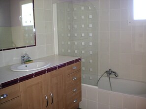 Combined shower/tub, hair dryer, toilet paper